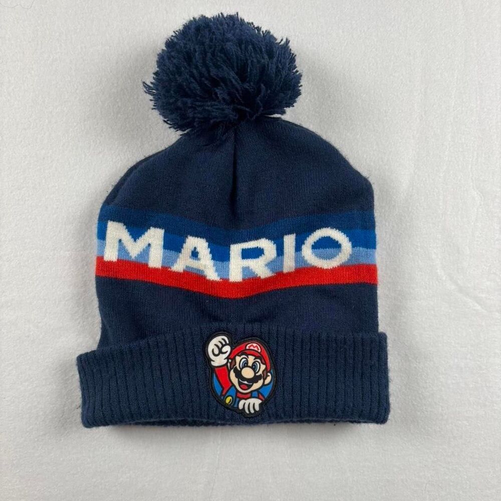 Nintendo Mario Blue Pom Beanie Hat Embroidered Logo Winter